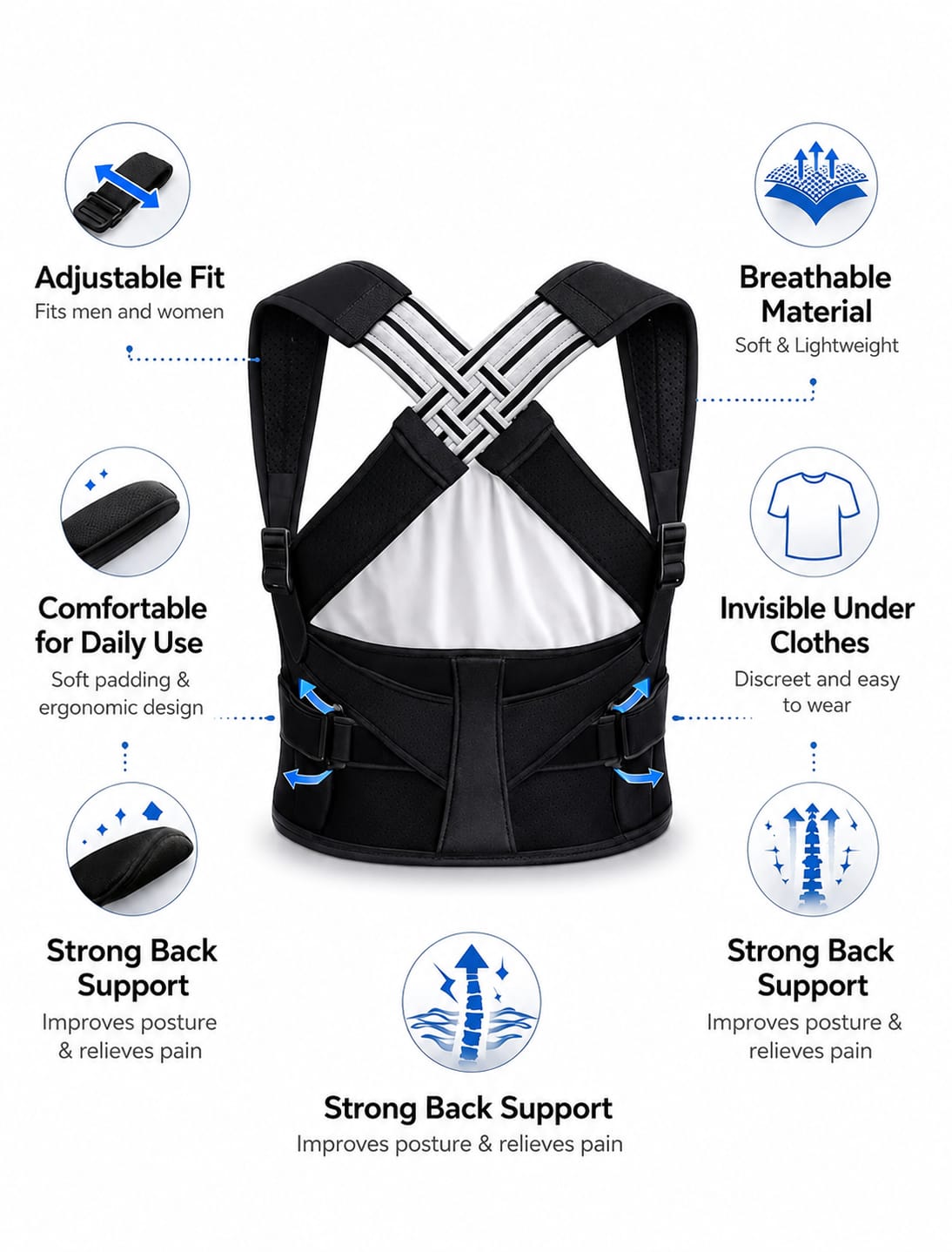 Breathable and Adjustable Posture Corrector Belt for Men and Women.